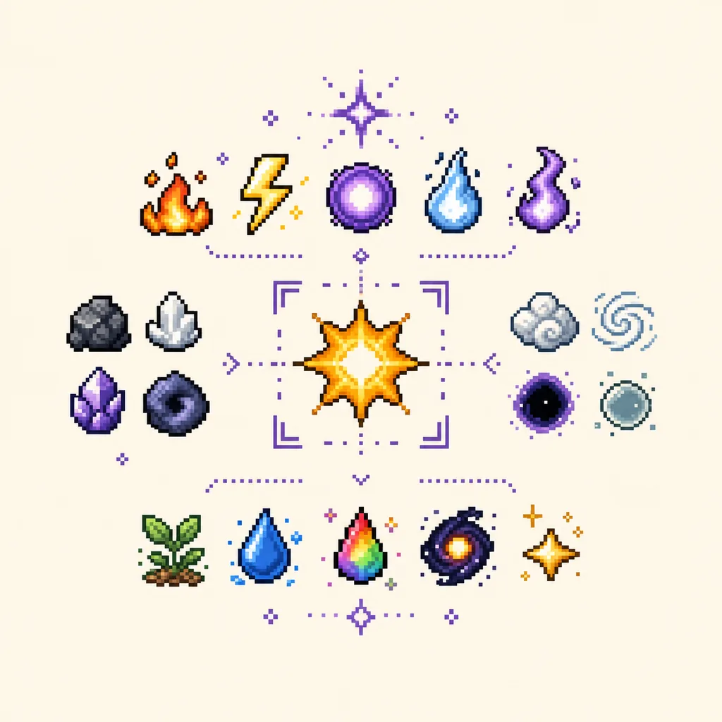 Illustrative pixel-art element palette with a golden Sun swatch highlighted among energy and special elements