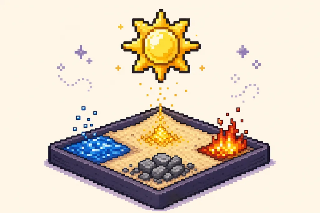 Illustrative pixel-art Sun element above a small Sandboxels-style experiment with water, fire and stone