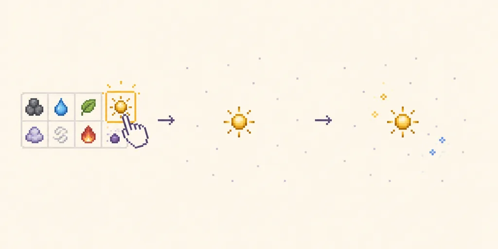 Illustrative three-stage pixel-art flow showing Sun selection, placement and a clean observation test